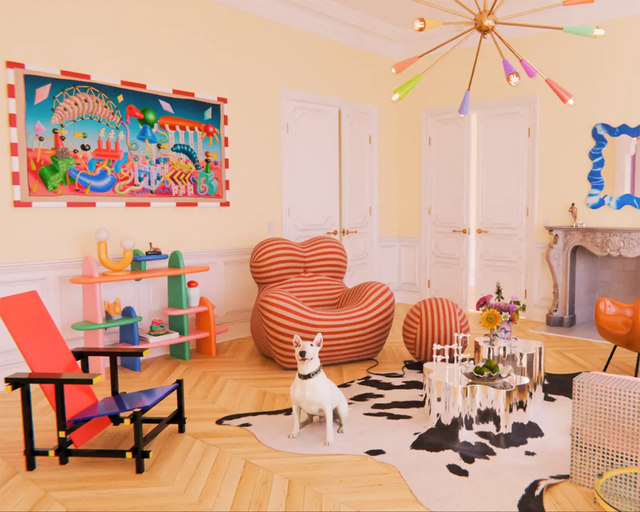 Farverig stue med unikt interiør design, moderne kunst, skulpturelle møbler og en hvid hund på et sort-hvidt tæppe.