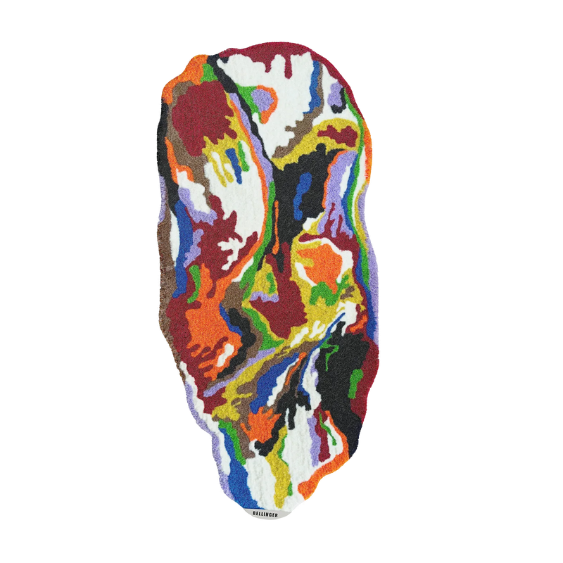 Farverigt tufted tæppe i organisk form designet af Anne Bellinger.