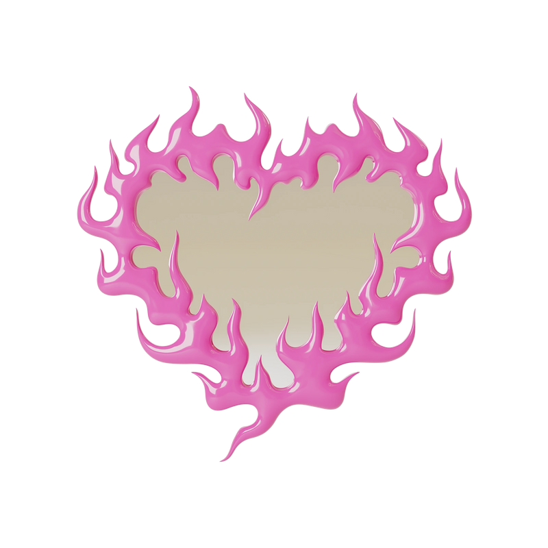 Hjerteformet spejl i pink flammeformet design af Alex Rubinstein.