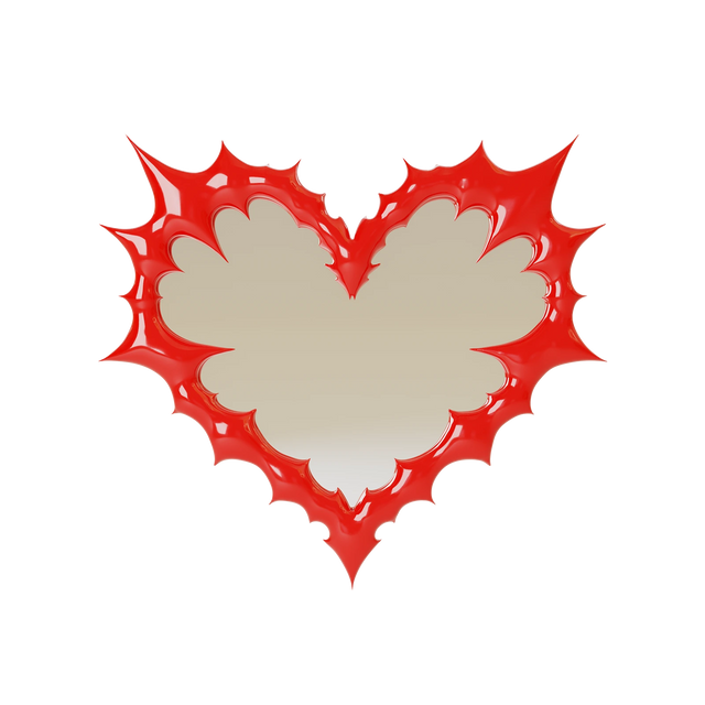 Hjerteformet skulpturelt spejl med markant rød ramme af Alex Rubinstein – hvor moderne kunst møder interiør design.